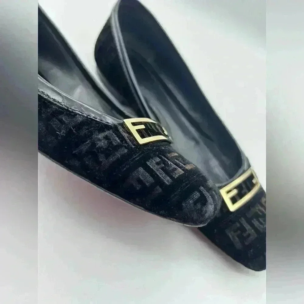 Fendi Italy Black Velour Slip-On Ballet Womens Flats 38 Look At Photos - Picture 14 of 15